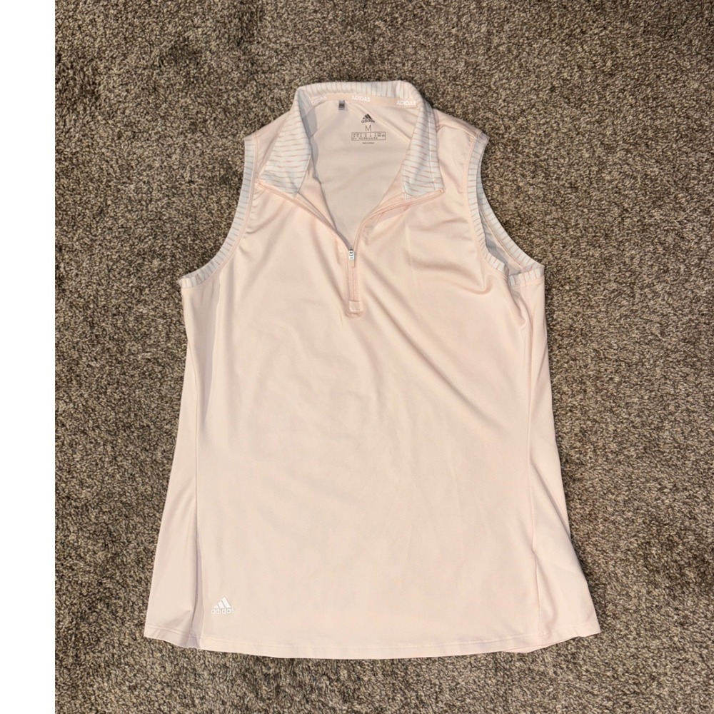 Adidas Womens Sleeveless Golf Polo Shirt Quarter Zip Pink Striped Trim Size M